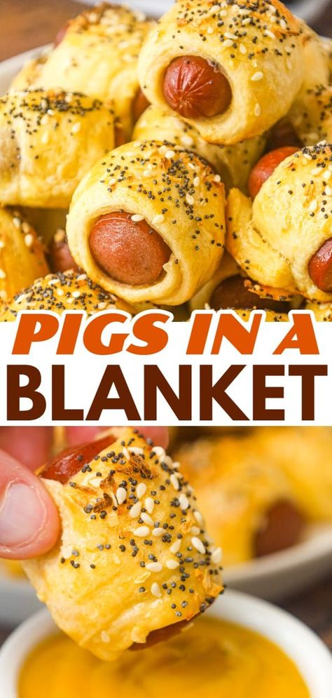 Pigs in a Blanket are a delicious bite sized party food or kid friendly dinner recipe using wieners and Pillsbury crescent roll dough topped with poppy seeds, sesame seeds and dehydrated minced onions. Crescent Roll Pigs In A Blanket Recipe, Hot Dogs And Crescent Rolls, Crescent Roll Hot Dogs Pigs In A Blanket, Crescent Roll Pigs In A Blanket, Pigs In A Blanket Recipe With Hot Dogs, Easy Pigs In A Blanket Recipe, Pigs In A Blanket Crescent Rolls, Hot Dogs In Crescent Rolls, Mini Pigs In A Blanket