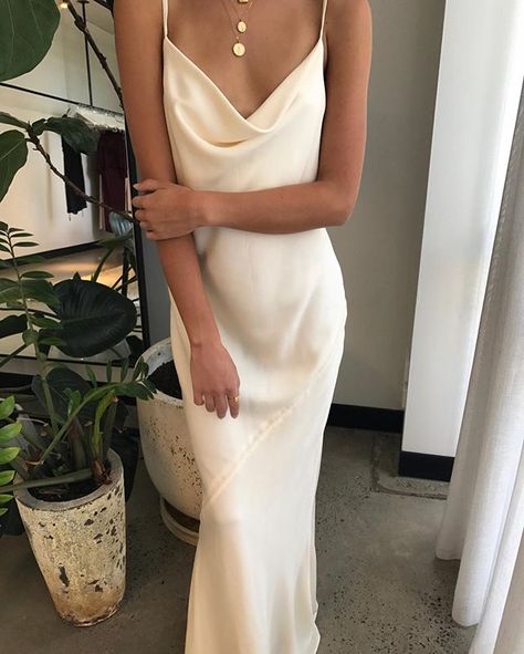 Cant we just wear this all the time? The Solar Cowl Slip Dress in Vanilla, available online now 💫  #shonajoy Bias Slip Dress, Joy White, Shona Joy Dress, Ivory White Color, Cowl Neck Slip Dress, Unusual Dresses, Jewel Dress, Long Slip Dress, Shona Joy