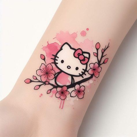 Hello Kitty Tattoos For Women, Hello Kitty Sleeve Tattoos, Tatuajes Hello Kitty Tattoos, Egirl Tattoos, Hello Kitty Tattoo Design, Tattoo Hello Kitty, Hello Kitty Tattoo Ideas, Ink Tattoo Design, Cat Tattoo Ideas