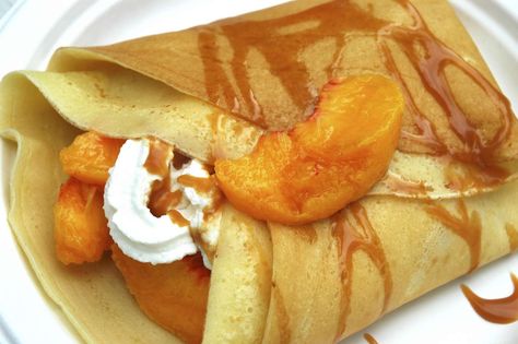 This peach crepes recipe is an easy and elegant dessert. They're best when made using fresh, locally grown fresh peaches, but frozen also works. Peach Crepes, Crepes Filling, French Dessert Recipes, Crepe Recipe, Crepes Recipe, Breakfast Crepes, Light Breakfast, Fresh Peaches, French Dessert