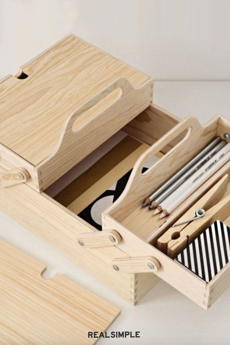 Clever Storage Ideas, Ikea Art, Sewing Organizer, Sample Display, Ikea Organization, Wooden Containers, Ikea Catalog, Bamboo Box, Wooden Organizer