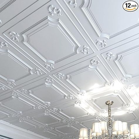 Art3d Drop Ceiling Tiles 24x24 in White (12-Pack, 48 Sq.ft), Wainscoting Panels Glue Up 2x2 - Amazon.com Decorative Drop Ceiling Tiles, Pvc Ceiling Panels, Pvc Ceiling Tiles, Drop Ceiling Tiles, Ceiling Texture, Drop Ceiling, Wainscoting Panels, Tile Panels, Pvc Ceiling