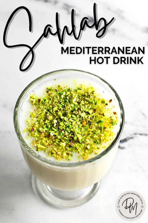 Sahlab drink in a glass cup topped with pistachios Sahlab Recipe, Cozy Hot Drinks, Lebanese Desserts, Popular Drinks, Egyptian Food, Recipe Notes, Milk Recipes, Hot Drink, Real Food Recipes