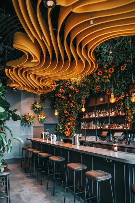 Creative Bar Ceiling Ideas to Elevate Your Space Ceiling Designs For Restaurants, Bar Ceiling Ideas, Ceiling Design Restaurant, Bar Ceiling Design, Tiny House Shower Ideas, Bar Ideas For Restaurants, Restaurant Ceiling Design, Unique Bar Design, Lounge Bar Design