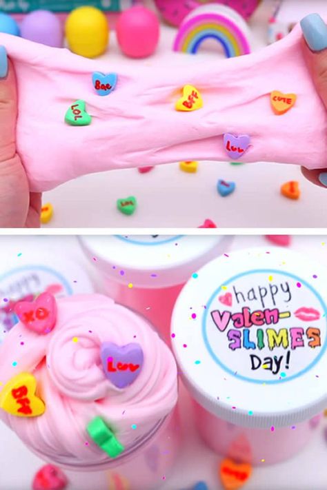 DIY Valentine Slime Valentines Slime, Slime Valentines, Vday Party, Slime Ideas, Pretty Slime, Rainbow Slime, Kids Party Crafts, Slime Recipes, Slime Diy