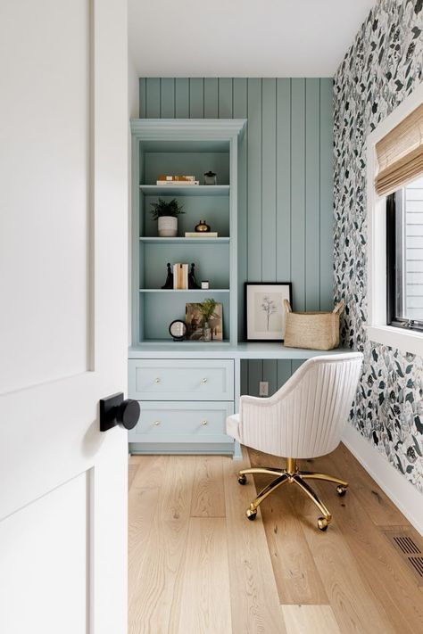 Pocket office with light blue paneling, black and white floral wallpaper, light wood floors, and custom built-in desk. Wallpaper Over Paneling, House Design Wallpaper, Havsta Hack, Accent Walls Wallpaper, Wallpaper Accent Walls, Blue Home Offices, Wallpaper House Design, Wallpaper House, Alcove Ideas