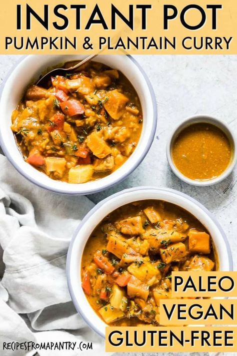 Pumpkin lovers, this is the recipe for you! Flavourful Instant Pot Pumpkin and Plantain Curry has fall, Indian and African influences. The perfect fall Instant Pot curry is ready in 30 mins. #instantpot #pressurecooker #instantpotcurry #pumpkin #instantpotpumpkin #pressurecookercurry #instantpotplantain #africanrecipe #africancurry #intantpotafricancurry #pressurecookerafricancurry #sierraleone #sierraleonerecipe Wfpb Dinner, Plantain Curry, Pressure Cooker Curry, Instant Pot Curry, Gluten Free Instant Pot Recipes, Meat Ideas, Inflammatory Meals, Instant Pot Pumpkin, Instant Pot Freezer Meals