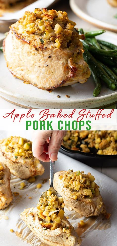 Apple Stuffing Pork Chops, Apple Stuffed Pork Chops, Apple Pork Chops Baked, Baked Stuffed Pork Chops, Thick Cut Pork Chops, Perfect Pork Chops, Center Cut Pork Chops, Stuffed Pork Chops, Cornbread Stuffing