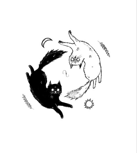 Ting Yang Cat Tattoo, Black And White Cat Tattoo Ideas, Cats Ying Yang, Black Cat And White Cat Tattoo, Black And White Cats Tattoo, Cat Yin And Yang, Cat Sun And Moon Tattoo, Yin Yang Animals, Black Cat And White Cat Drawing