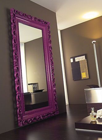 This would fit into my space nicely.  I have other pieces like this, but nothing in my purple accent color! Bedroom Purple And Gray, Modern Mirror Design, Bedroom Purple, Bathroom Paint, Sala Grande, Purple Mirror, Living Room Decor Colors, Trendy Living Rooms, Grey Decor