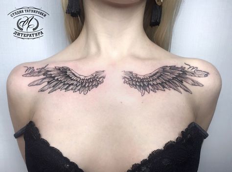 Angel Wings Chest Tattoo Female, Wing Collar Bone Tattoo, Wings On Chest Tattoo, Angel Chest Tattoo, Angel Wings Chest Tattoo, Chest Tattoo Wings, Tattoo Wings, Angel Wings Art, Wing Collar