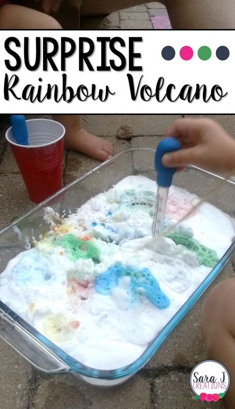 Surprise rainbow volcano fun! An easy science experiment for kids that practices fine motor and colors at the same time. Rainbow Volcano, Fine Motor Ideas, Dinosaur Activities Preschool, Science Experiment For Kids, Experiment For Kids, Science Experiments For Preschoolers, Preschool Units, Shapes Preschool, Dinosaur Activities