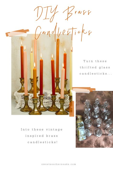 Can You Paint Brass Candlesticks, Diy Brass Candlestick Holders, Painting Glass Candlesticks, Decorating With Candlesticks, Brass Candlesticks Decor, Painted Brass Candlesticks, Candle Stick Decor Ideas, Mantle Candlesticks, Diy Taper Candle Holders