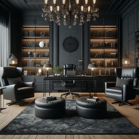 Black And Wood Office, Modern Masculine Office, Small Home Office For Two, Gray Room Ideas, Ceo Office Design Luxury Modern, Ceo Office Design Luxury, Masculine Study, Executive Office Design Interior, Gentleman Office