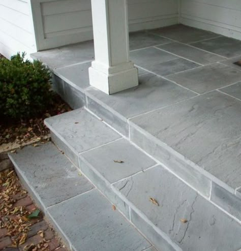 what about a lovely blue stone front stoop and the facade of the front stoop? Front Porch Stone, Stone Patio Designs, Veranda Design, Concrete Patio Makeover, Front Door Steps, Porch Stairs, Front Porch Steps, Front Stairs, Front Stoop