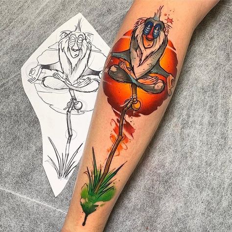 Rafiki Tattoo, Disney Watercolor Tattoo, Taz Tattoo, Colour Tattoos, Lion Art Tattoo, Lion King Tattoo, King Tattoo, Tattoo Designer, Disney Sleeve