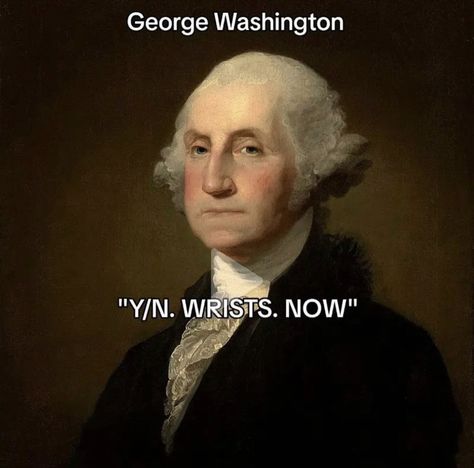 George Washington "Y/N. WRISTS. NOW" King George X George Washington, George Washington Fanart, History Core, Historical Hamilton, Liberty Kids, Historical Humor, Hamilton Funny, Social Studies Teacher, Goofy Ahh