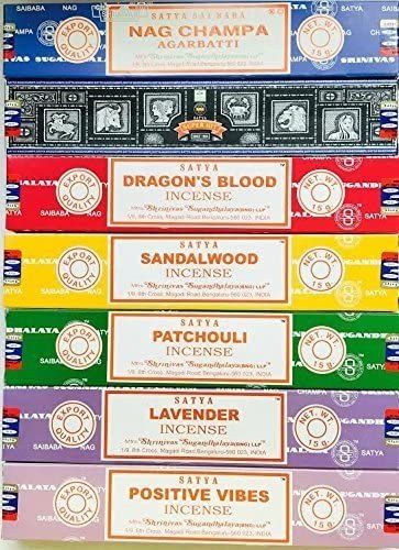 Satya Incense Gift Set Nag Champa, Super hit, Dragon's Blood, Sandalwood, Patchouli, Lavender, Positive Vibes, 15 g Dragons Blood Incense, Nag Champa Incense, Sandalwood Incense, Nag Champa, Dragons Blood, Incense Cones, Fragrance Gift, Nagano, Sai Baba