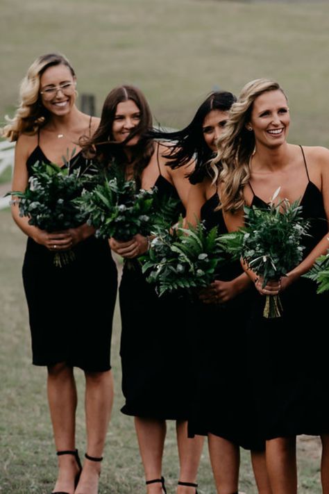 bridesmaid greenery bouquets Bouquets For Black Dresses, Black Bridesmaid Bouquet, All Greenery Bouquet, Black Wedding With Greenery, Bouquet With Black Dress, Olive And Black Wedding, All Greenery Bouquet Bridesmaid, Greenery Bridesmaid Bouquet, Bridesmaid Bouquet Black Dress