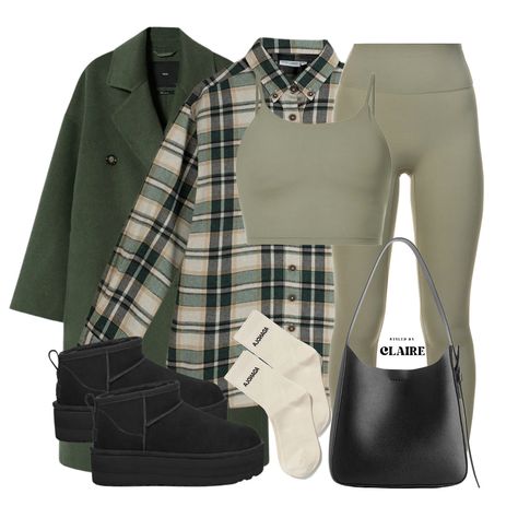 #khaki #darkgreen #leggings #uggboits #uggs #platformuggs #mango #jacket #greenjacket #checkedshirt #leatherbag #shopltk #fashion #style #streetstyle #casualstyle Khaki Uggs Outfit, Winter Chill Outfits, Winter Colours, Uggs Outfit, Trending Fashion Outfits, Causual Outfits, Closet Fashion, Shop The Look, Sporty Outfits