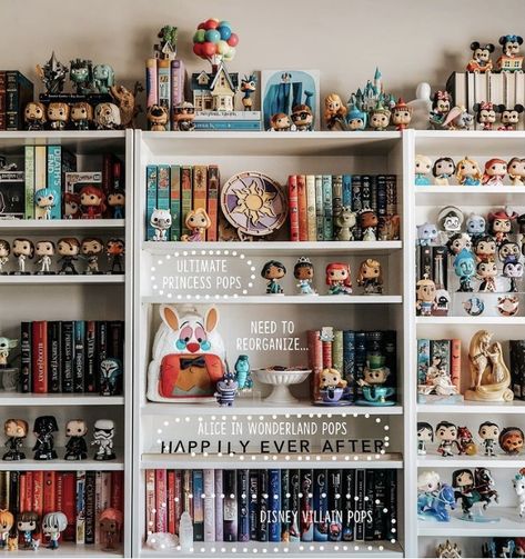 Shelving For Collectibles, Bookshelf With Funko Pop, How To Display Funko Pops, Collectibles Display Ideas, Funky Pop Display Ideas, Collectable Display Ideas, Disney Bookshelf, Collectible Display Ideas, Loungefly Display Ideas