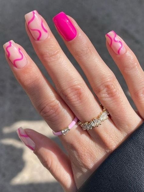 Magenta squiggles Preppy Nails Hot Pink French Tip, Summer Nails Designs Acrylic French Tips Hot Pink, Short Nail Designs Hot Pink, Hot Pink Nail Tips French, Hot Pink Dress Nail Ideas, Pink Nails For Dance, Easy Pink Nail Ideas, Cute Vacation Nails Pink, Hot Pink New Years Nails