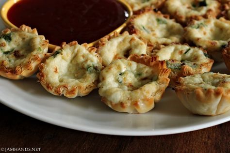 Crab Rangoon Cups Crab Rangoon Cups, Crab Appetizer, Tiny Bites, Hot Mustard, Phyllo Cups, Creamy Crab, Crab Rangoon, Dipping Sauces, Crab Recipes