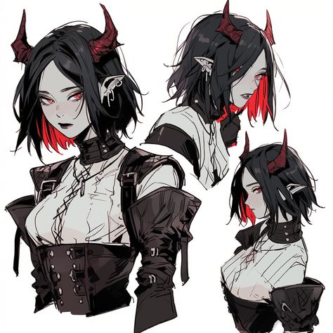 Anime Two Coloured Hair, Anime Demon Horns, Demonic Outfits, Demon Character Design Female, Demon Design Character Concept, Demon Girl Character Design, Demon Oc Girl, Demon Horns Drawing Reference, Short Hair Character Design