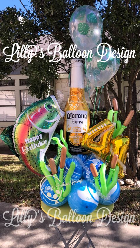 Fishing Balloon Bouquet, Fishing Balloon Arch, Party Balloons Diy, Fishing Birthday Party, Birthday Drinks, Fishing Party, Large Balloons, Balloon Arrangements, Fishing Birthday