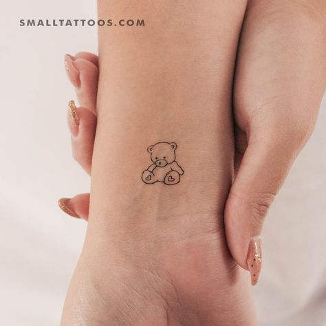 Cute Small Bear Tattoos, Teddy Bear With Heart Tattoo, Bear Tattoo Aesthetic, Cute Simple Finger Tattoos, Safe And Sound Tattoo, Bear Tattoos Cute, Dainty Teddy Bear Tattoo, Tiny Bear Tattoo Simple, Matching Teddy Bear Tattoos