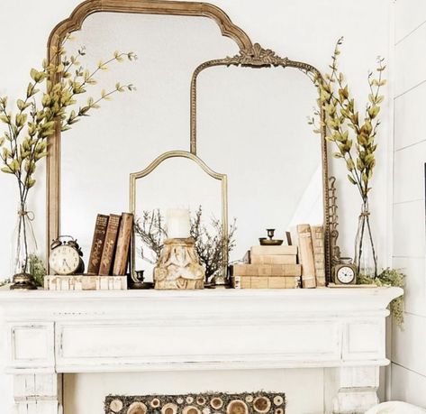 I never think I would like decorating with mirrors but then I see it done and I do love it. Now to find some vintage mirrors!?!? 📸Pinterest #farmhouse #militarywife #farmhousestyle #farmhousedecor Layering Mirrors, Decorating With Mirrors, Tomorrow Is The Day, Fireplace Mantle Decor, Hot Mess Express, Fireplace Mantel Decor, Farmhouse Fireplace, Vintage Mirror Wall, Vintage Mirrors