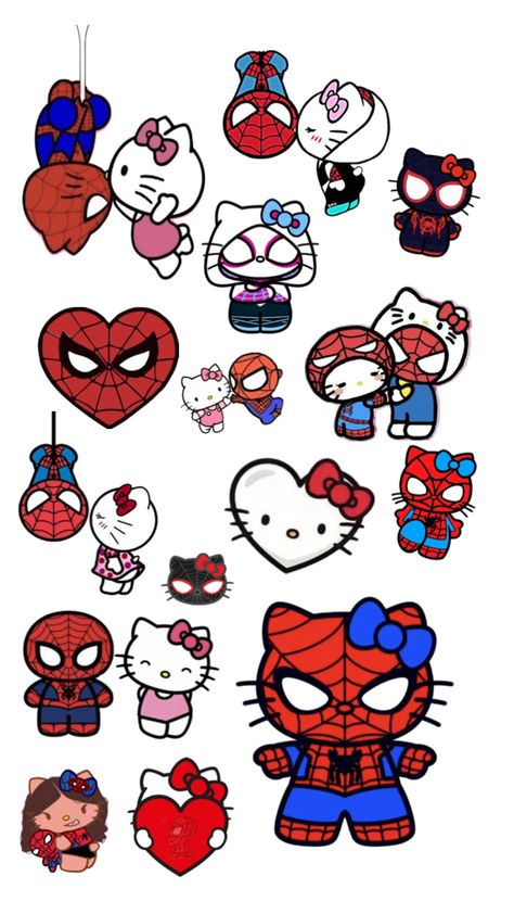 Hello Kitty And Spiderman Stickers, Spider Man And Hello Kitty Drawing, Spiderman And Hello Kitty Drawing, Fotos Da Hello Kitty, Spiderman Amor, Spider Man Dibujo, Spiderman Gift Ideas, Spiderman X Hello Kitty, Spider Man Stickers