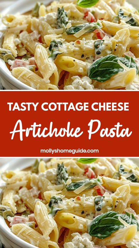 Indulge in a delightful culinary experience with this creamy cottage cheese and artichoke pasta recipe. The rich flavors of the cottage cheese perfectly complement the tanginess of the artichokes, creating a mouthwatering dish that is both satisfying and comforting. This easy-to-make pasta is a perfect choice for a cozy night in or a special dinner with loved ones. Treat yourself to this delicious meal tonight and savor every bite of this heavenly combination!  Ingredients 8-9 minutes cooked pen Cottage Cheese Dinner Recipes Healthy, Cottage Cheese Casserole Recipes, Cottage Cheese Ideas, Cheese Casserole Recipes, Cottage Cheese Dinner, Low Calorie Pancakes, Cottage Cheese Pasta, Fiber Recipes, Lunch Sides