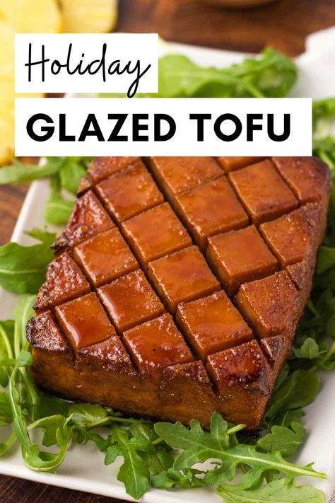 This 5-ingredient holiday glazed tofu is the perfect vegan alternative to a traditional ham roast. Baked to perfect with a brown sugar pineapple glaze. Make it for your main dish for any special occasion, like Thanksgiving, Christmas, or Easter. Tofu Roast, Tofu Turkey, Ham Roast, Glazed Tofu, Holiday Roast, Vegan Thanksgiving Dinner, Holiday Roasts, Vegan Holiday Recipes, Vegan Holiday