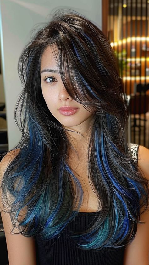 24 Glamorous Blue Black Hair Ideas Black Hair With Blue Highlights, Blue Hair Highlights, Blue Black Hair, Dark Blue Hair, Hair Color Underneath, Peekaboo Hair, Black Hair With Highlights, Dyed Hair Inspiration, Artistic Hair