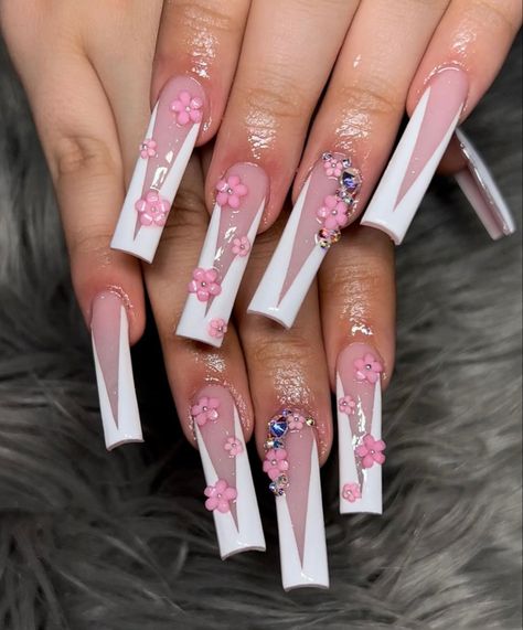 Blossom Acrylic Nails, Nail Ideas Black, Cherry Blossom Acrylic, Cherry Blossom Nails Design, Acrylic Nails Pink, Cherry Blossom Nails, Long Acrylic Nail Designs, Drip Nails, Claw Nails