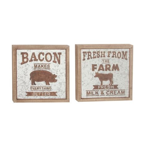 Wall Decor Set of 2 Metal Wood Farm Signs 18L x 18H x 1D Inch Gray Iron Cow Signs, Brown Typography, Farm Wall Decor, Farm Fresh Milk, Farm House Colors, Metal Barn, Nature Wall Decor, Milk Cream, Sign Display