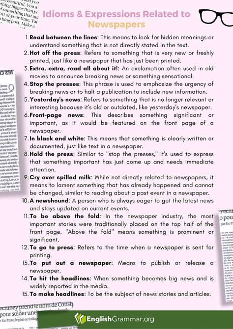 English Grammar - Idioms and Expressions Related to Newspapers News Vocabulary, Newspaper Vocabulary, English Teaching Resources, Idioms And Phrases, Reading Between The Lines, English Teaching, English Idioms, English Grammar, Old Movies