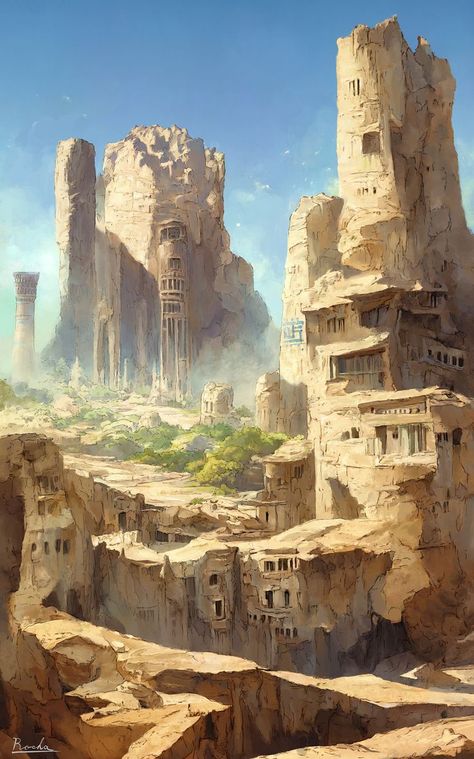 Desert Fantasy Art Cities, Desert Caravan Fantasy Art, Sun City Fantasy Art, Dnd City Aesthetic, Steampunk Desert City, Dessert City Fantasy Art, Desertpunk City, Desert Fantasy Landscape, Desert Village Concept Art