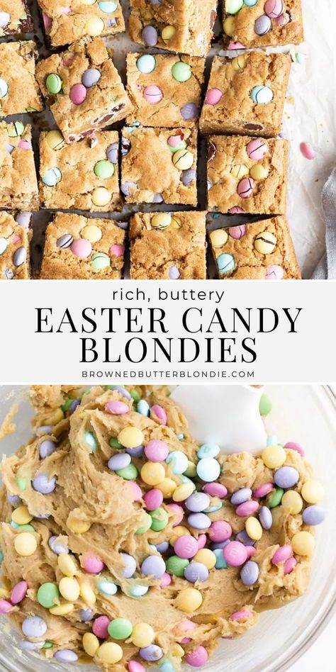 These rich and buttery Easter candy blondies are easy to make in less than an hour with no fancy equipment. Topped with pretty pastel candies, they make the perfect treat for your springtime celebrations. | Browned Butter Blondie Easter Desserts Recipes Chocolate, Easter Blondies Recipe, Easter Blondie Bars, Easter Blondies, Blondie Bars, Easter Dessert Bars, Easter Bars, Easter Cookie Bars, Easter Desserts Cake