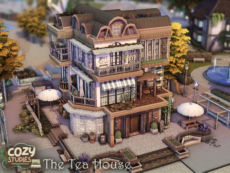 The Sims Resource - Cozy Studies - The Tea House l noCC Bubble Tea Store, Kitchen With Dining Area, Sims 4 Tsr, Community Housing, Tea Store, Sims Building, Sims House Design, Jungle Adventure, Witch House