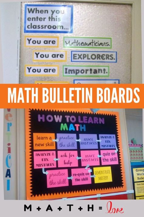 examples of math bulletin boards Classroom Standards Display Bulletin Boards, Math Class Bulletin Board Ideas, 8th Grade Math Bulletin Board Ideas, 7th Grade Math Bulletin Board Ideas, Math Is Everywhere Bulletin Board, Math Bulletin Boards High School, Elementary Math Classroom Decorations, Math Quotes For Classroom, Math Themed Classroom