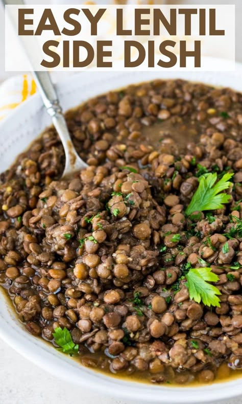 This easy lentil side dish recipe is simple to make with no soaking required. Use brown lentils with onion, bay leaf and thyme. This healthy legume recipe is cooks in about 25 minutes for a tasty vegetarian dish that goes with so many things. Side Dishes With Lentils, Lentils Recipe Side Dish, Lentils As A Side Dish, Lentils With Vegetables, Best Lentils Recipe, Recipes With Brown Lentils, Lentil Side Recipes, Lentils Vegetarian Recipes, Canned Lentils Recipes Easy