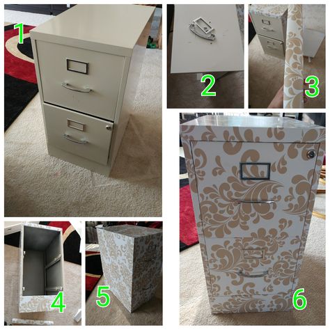 DIY File cabinet cover using decorated contact paper.  Tools: screw driver, adhesive contact paper, scissors, pencil, box cutter, and a helping hand. Catbox Solutions, Cabinet Cover, Diy File Cabinet, File Cabinet Makeover, Office Guest Bedroom, Organize Ideas, Classroom Diy, House Organization, With Wallpaper