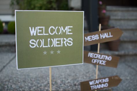 Welcome Signage from an Army Themed Birthday Party via Kara's Party Ideas | KarasPartyIdeas.com- The place for all things Party! (10) Vbs Army Theme, Army Themed Birthday Party, Military Themed Birthday Party, Army Theme Party, Military Themed Party, Army Birthday Party Ideas, Army Birthday Party, Army Themed Birthday, Soldier Party