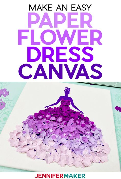 Easy Paper Flower Dress Canvas Tutorial with free SVG cut file and paper flower templates #cricut #paperflowers Cricut Flowers, Paper Flowers For Kids, Canvas Tutorial, Pretty Wall Art, Jennifer Maker, Kids Workshop, Cricut Supplies, Elderly Activities, Easy Paper Flowers