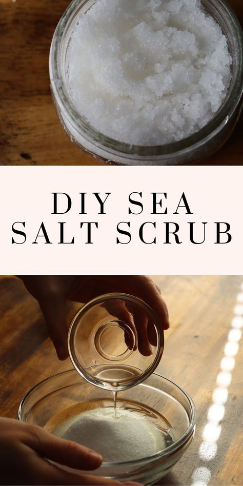 sea salt scrub in a glass jar and a woman's hands pouring oil into sea salt in a glass bowl. Sea Salt Body Scrub Diy Coconut Oil, Hand Scrubs With Essential Oils, Sea Salt Face Scrub, Body Salt Scrub Diy, Sea Salt Skin Care, Sea Salt Scrubs With Essential Oils, Diy Sea Salt Scrub, Sea Salt Scalp Scrub Diy, Sea Salt Body Scrub Diy