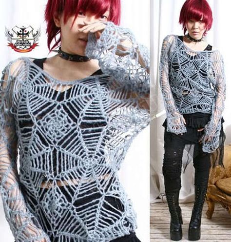 RTBU Gothic Punk Visual Kei Dir En Grey Cobweb GRAY~ etsy.com Crop Top Crochet Pattern, Crop Top Crochet, Top Crochet Pattern, Grey Crochet, Crochet Crop Top Pattern, Dir En Grey, Future Clothes, Gothic Punk, Halloween Crochet