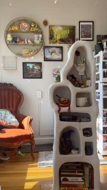 Apartment Therapy on Instagram: "@monsoon_ truly made magic with this relatable #DIYproject. 🤯" Paper Mache Shelves, Paper Mache Shelf, Apartment Crafts, Unusual Furniture, Crafts Decor, Wine Cabinet, Organic Style, Wine Cabinets, Couple Cartoon