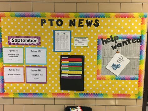 This is my first bulletin board as PTO President.  I looked at Pinterest for ideas and this is what we came up with.  We want to highlight the coming events.  Have folders for important forms and then Help Wanted.  This was so much fun and I thank everyone for sharing their ideas. Information Bulletin Board Ideas, Pto Fundraising Ideas, Parent Bulletin Boards, Pto Bulletin Board, Pta Bulletin Boards, Pto Mom, Pto Meeting, Pta Board, Pto Board